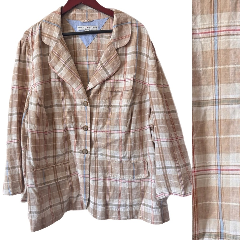 TOMMY HILFIGER Jacket Blazer Linen Plaid Sz 24